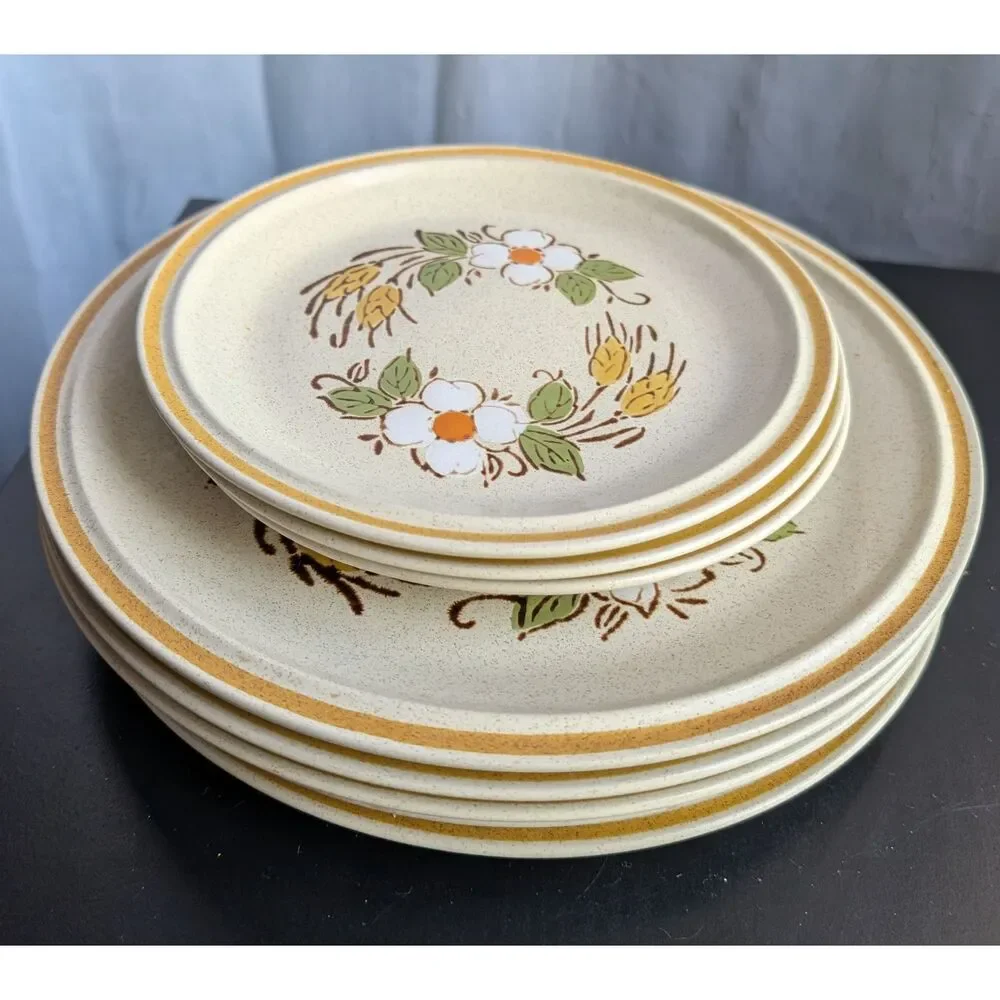 Vintage 70s Hearthside Garden Festival Prairie Flowers Stoneware 8-Pc Plate Lot